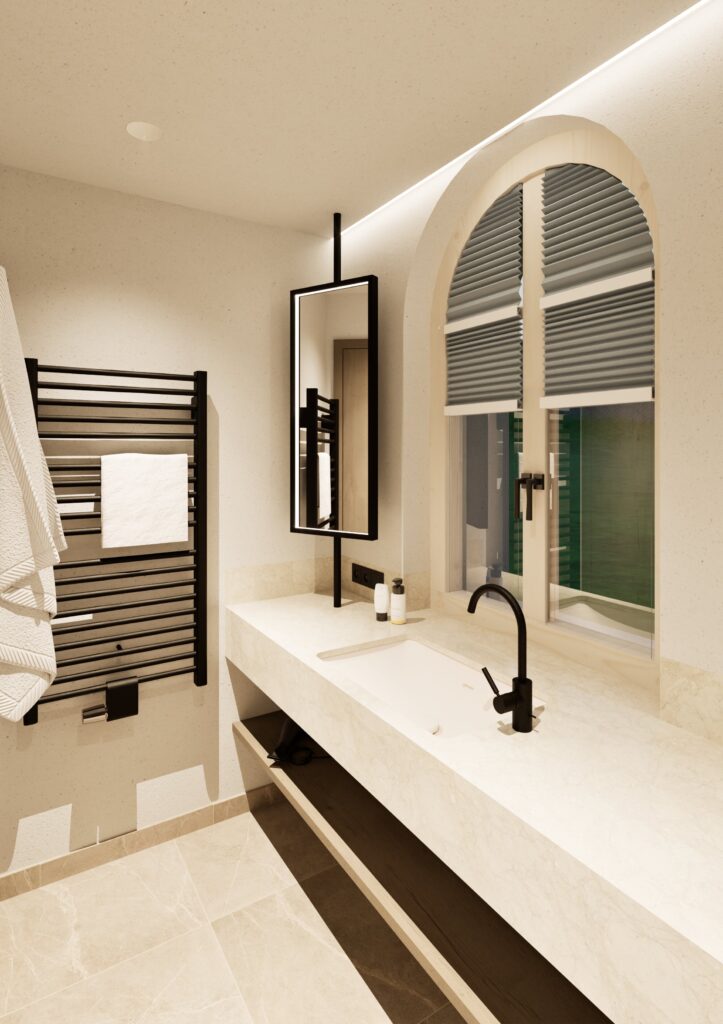 Modernes Badezimmer mit einer Arbeitsplatte aus Marmor, einem rechteckigen Waschbecken, einem schwarzen Wasserhahn, einem Wandspiegel, einem schwarzen Handtuchwärmer mit einem weißen Handtuch, einem Bogenfenster mit Jalousien und einem beigen Fliesenboden.