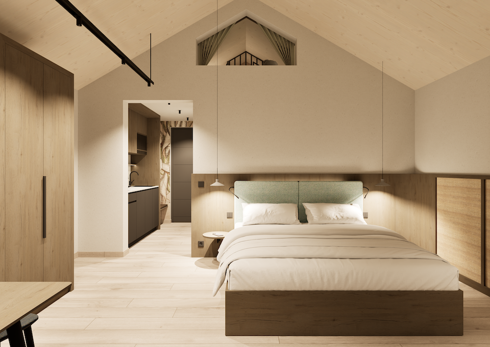 Ein modernes, minimalistisches Zimmer mit einem großen Bett, Holzvertäfelung, hellen Wänden und Böden, Pendelleuchten, einer Küchenzeile im Hintergrund und einem kleinen Loft über dem Eingang spiegelt den heiteren Stil der Winzerhäuser wider.