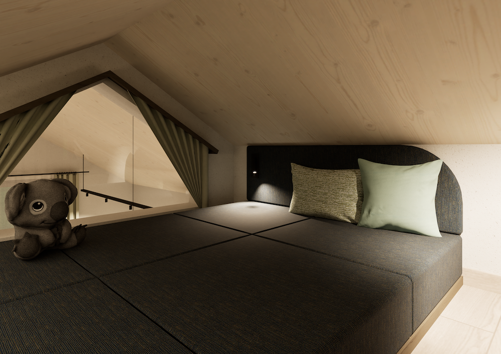 Ein gemütliches Loft-Zimmer mit einem dunklen Bett, zwei Kissen, einem Koala-Plüschtier, einer schrägen Holzdecke und einem Vorhangfenster mit Blick auf das darunter liegende Treppenhaus, das an traditionelle Winzerhäuser erinnert.