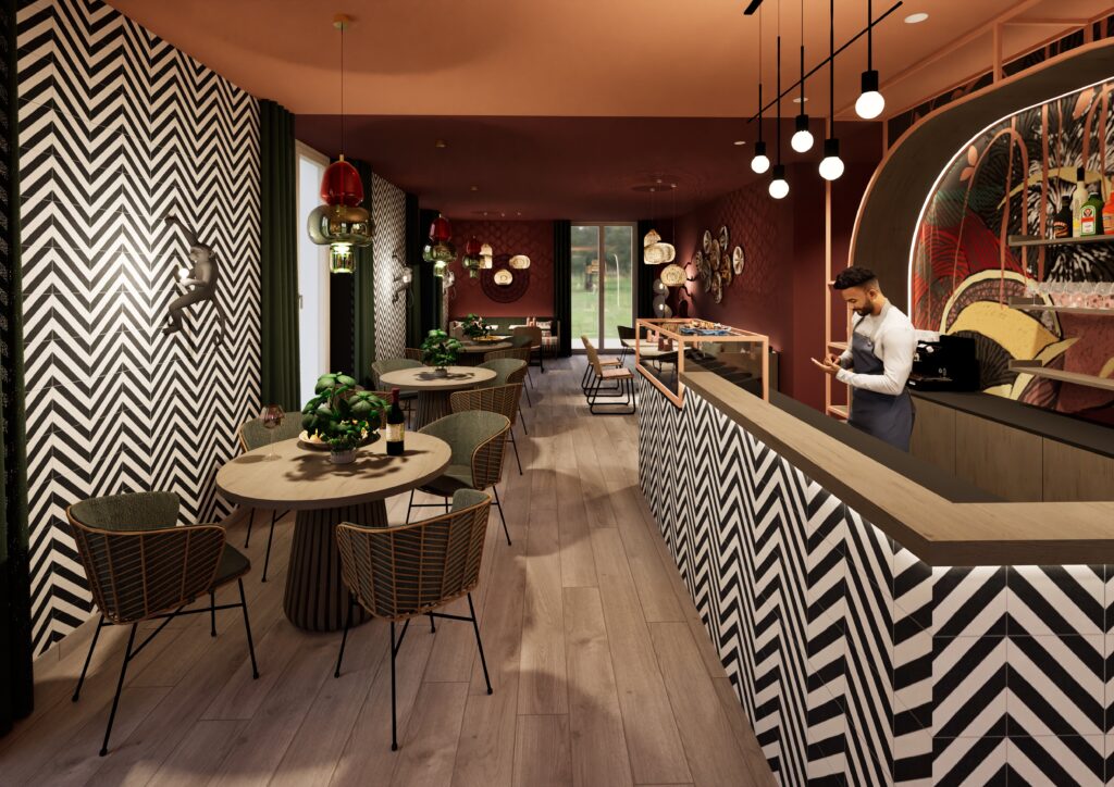 Ein modernes Restaurant mit zickzack-gemusterten Wänden, runden Tischen mit Pflanzen, Korbstühlen, Pendelleuchten und einer Bar, an der eine Person arbeitet. Holzböden und große Fenster vervollständigen den Look - perfekt, um Ihre weinreise gutschein Erfahrung zu genießen.