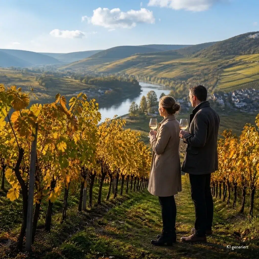 Zwei Menschen stehen in einem Weinberg, halten Weingläser in den Händen und genießen den saisonalen Anblick der grünen und gelben Hügel, während sich ein Fluss unter einem teilweise bewölkten Himmel durch die Landschaft schlängelt.